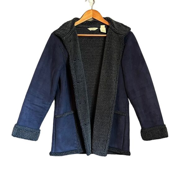 L.L. Bean navy faux fur‎ button down coat - Picture 8 of 11